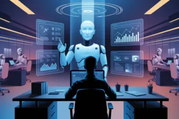 Un'immagine all'interno di una stanza di un'azienda con un essere umano e diversi robot per rappresentare il rapporto tra AI e lavoro