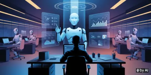 Un'immagine all'interno di una stanza di un'azienda con un essere umano e diversi robot per rappresentare il rapporto tra AI e lavoro