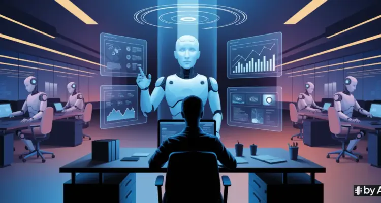 Un'immagine all'interno di una stanza di un'azienda con un essere umano e diversi robot per rappresentare il rapporto tra AI e lavoro
