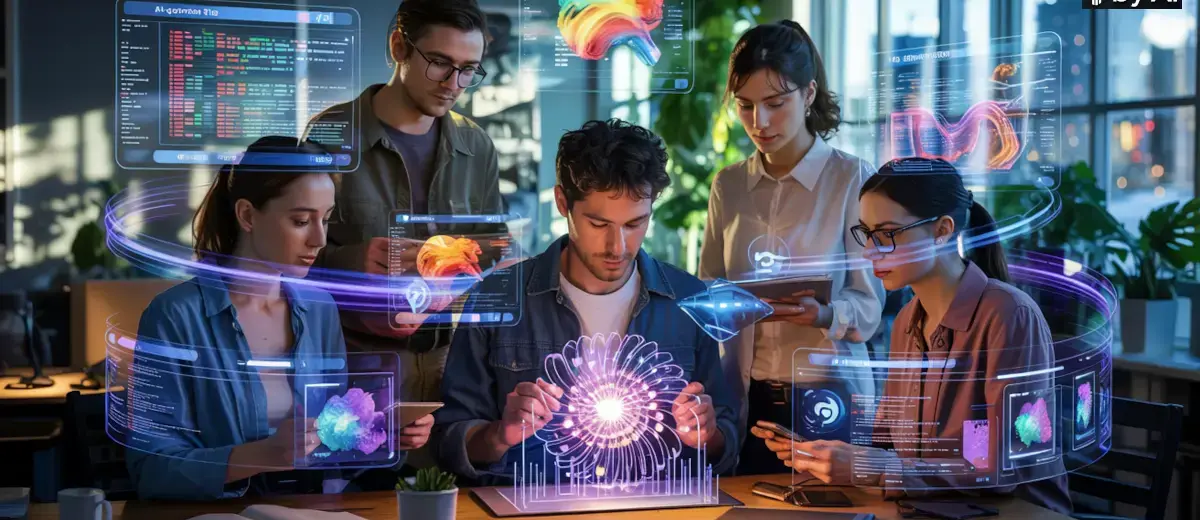 Una grafica con 3 persone che stanno sperimentando con l'Intelligenza Artificiale per rappresentare AI Generativa