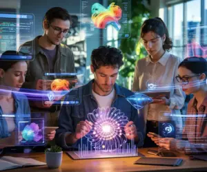 Una grafica con 3 persone che stanno sperimentando con l'Intelligenza Artificiale per rappresentare AI Generativa