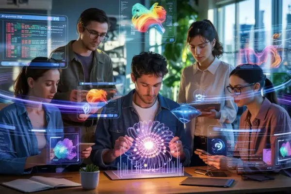 Una grafica con 3 persone che stanno sperimentando con l'Intelligenza Artificiale per rappresentare AI Generativa