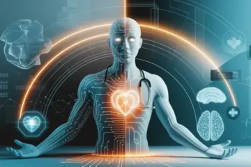 Una figura grafica centrale metà macchina e meta medico a rappresentare la collaborazione di AI nella medicina