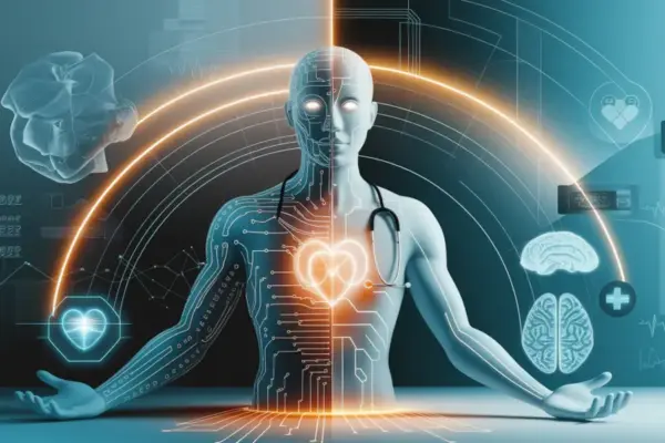 Una figura grafica centrale metà macchina e meta medico a rappresentare la collaborazione di AI nella medicina