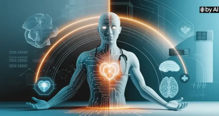 Una figura grafica centrale metà macchina e meta medico a rappresentare la collaborazione di AI nella medicina