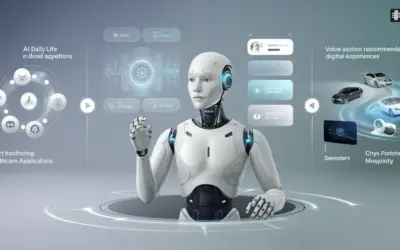 L'immagine grafica di un robot circondato dai vari situazioni che rappresentano l'uso dell'AI nella vita quotidiana.