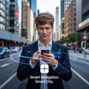 Un'immagine ritrae un uomo con un cellulare al centro di una strada cittadina a rappresentare la mobilità ne AI nella vita quotidiana