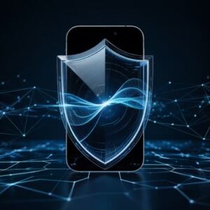 Una grafica in cui c'è al centro un cellulare con uno scudo digitale che lo protegge a rappresentare AI nella vita quotidiana