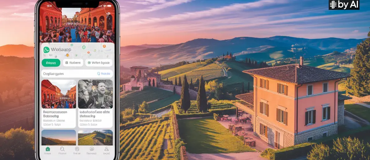 Una veduta panoramica di una collina toscana e in primo piano lo schermo di un cellulare con itinerari a rappresentare i Canali Whatsapp per il Turismo Locale