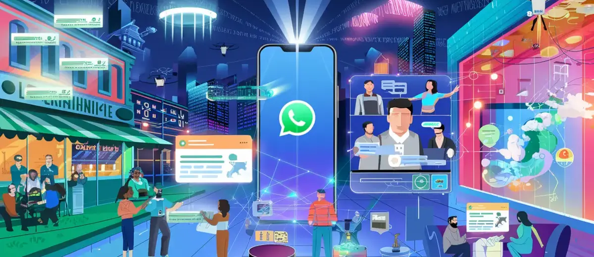 Una città del futuro con uno smartphone al centro e diverse interazioni intorno per rappresentare il rapporto tra canali whatsapp e marketing