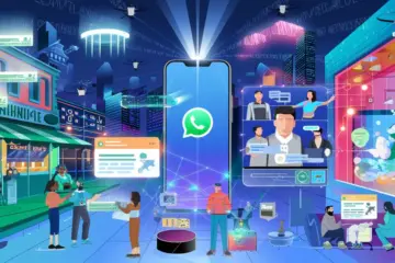 Una città del futuro con uno smartphone al centro e diverse interazioni intorno per rappresentare il rapporto tra canali whatsapp e marketing