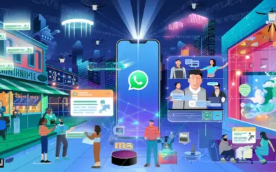 Una città del futuro con uno smartphone al centro e diverse interazioni intorno per rappresentare il rapporto tra canali whatsapp e marketing