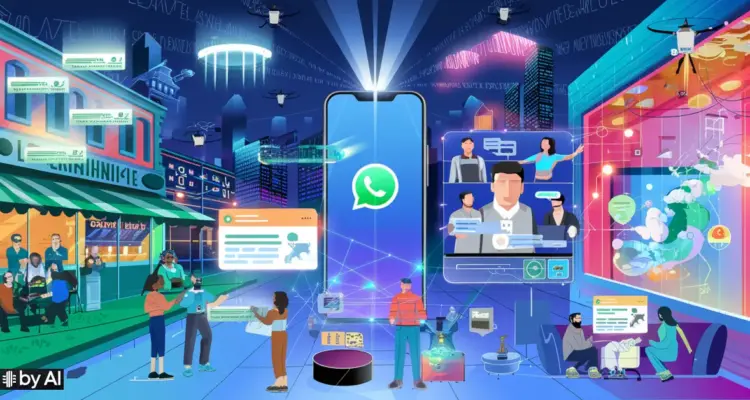 Una città del futuro con uno smartphone al centro e diverse interazioni intorno per rappresentare il rapporto tra canali whatsapp e marketing