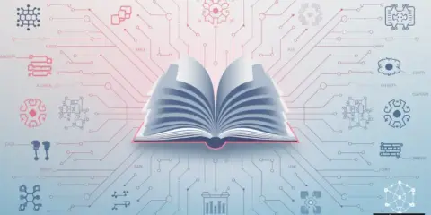 Un'immagine grafica di un libro circordato da elementi digitali e di Intelligenza Artificiale a rappresentare un Glossario AI