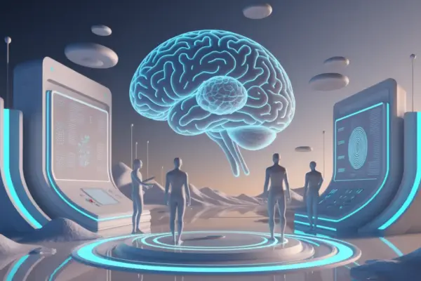 Un grafica con il disegno di un cervello circondato da umanoidi e tecnologie a rappresentare il futuro dell'AI