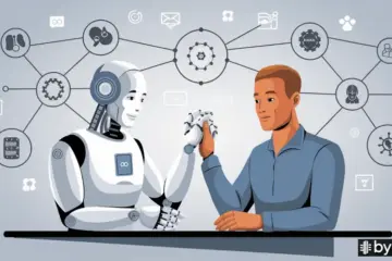 Un robot tiene la mano ad un essere umano per rappresentare il rapporto di AI vs Intelligenza Umana