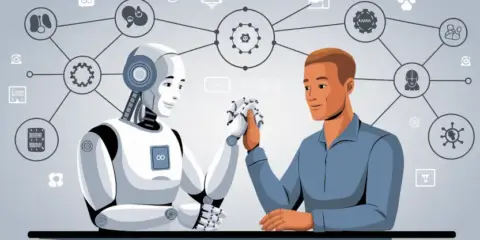 Un robot tiene la mano ad un essere umano per rappresentare il rapporto di AI vs Intelligenza Umana