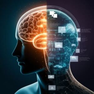 Una grafica con una testa umana divisa in due parti: una biologica e una tecnologica a raffigurare il significato di Machine Learning