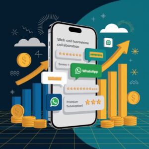 Un cellulare al centro di una grafica circondato da grafici economici a rappresentare come monetizzare un canale whatsapp