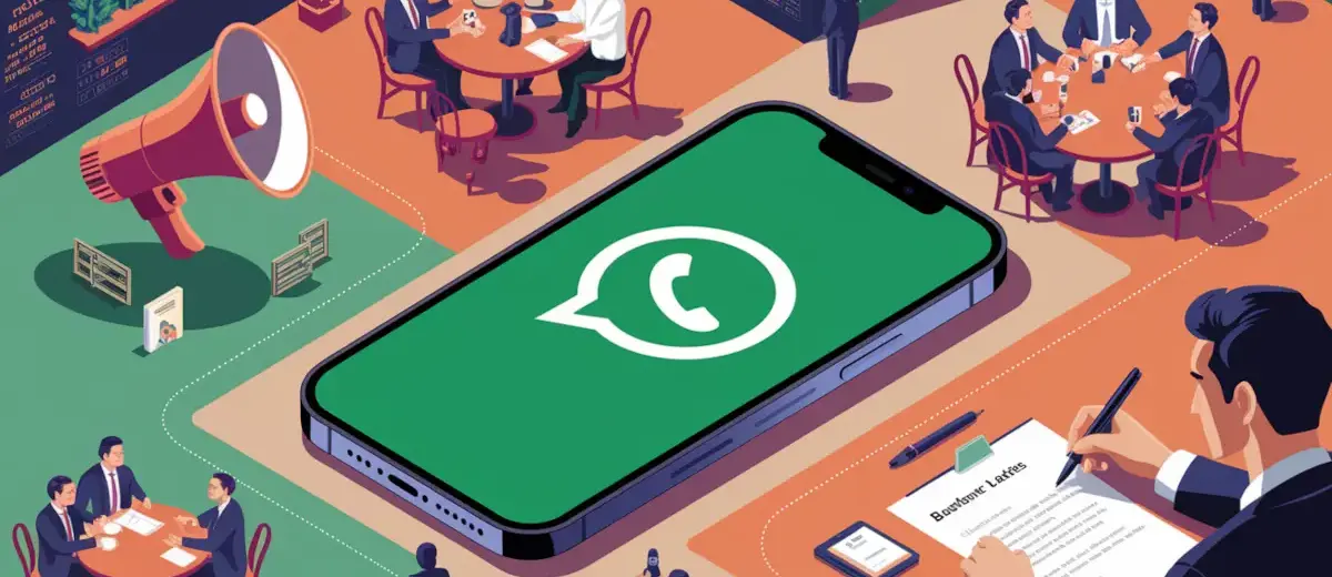 Un disegno di un cellulare aperto su whatsapp al centro di un caffè italiano con tavoli intorno per rappresentare quando scegliere il canale whatsapp