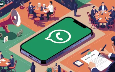 Un disegno di un cellulare aperto su whatsapp al centro di un caffè italiano con tavoli intorno per rappresentare quando scegliere il canale whatsapp