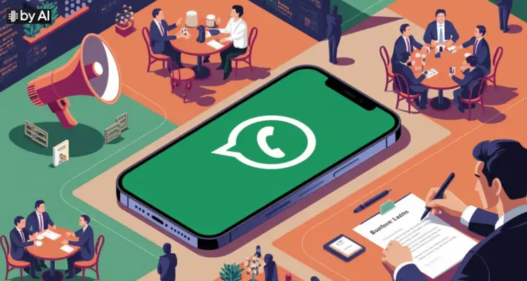 Un disegno di un cellulare aperto su whatsapp al centro di un caffè italiano con tavoli intorno per rappresentare quando scegliere il canale whatsapp