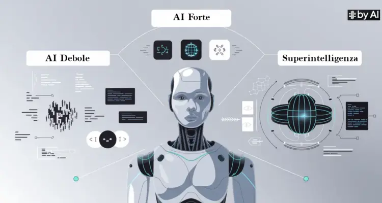 Un'immagine grafica di un robot circondato da simboli dell'AI debole, forte e superintelligenza che rappresenta i vari tipi di intelligenza artificiale
