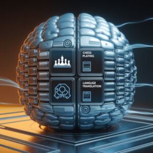 Una grafica con un cervello tecnologico e due display per giocare a scacchi o tradurre a rappresentare i tipi di intelligenza artificiale e in particolare quella debole