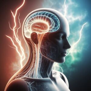 Una grafica con un robot dalle sembianze umane con un cervello biologico a rappresentare i tipi di intelligenza artificiale e in particolare quella forte