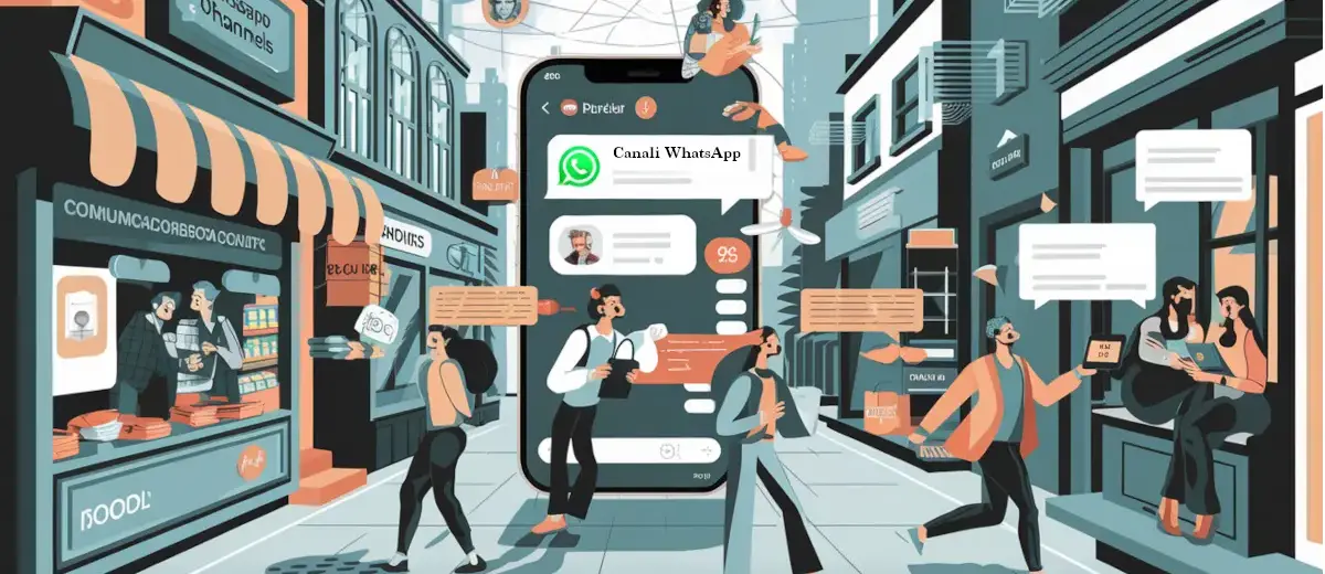 Una grafica con al centro un cellulare situato al centro di una strada con persone e negozi a rappresentare un canale whatsapp di successo
